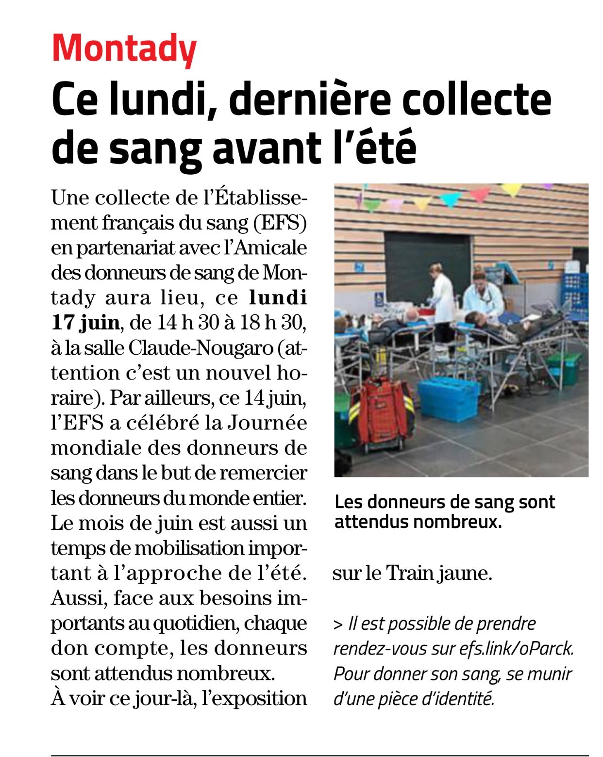 Article midi libre 13 06 2024 annonce collecte de sang 17 juin 2024