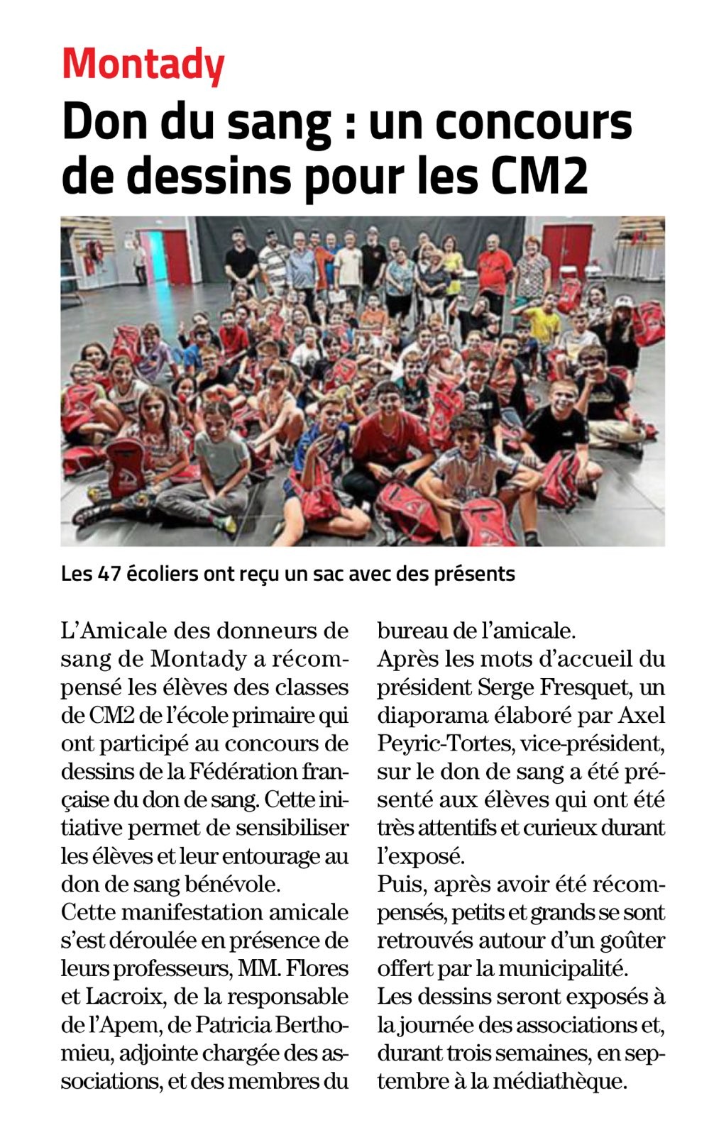 Article midi libre 21 06 2024 ceremonie recompenses dessins don du sang cm2 montady
