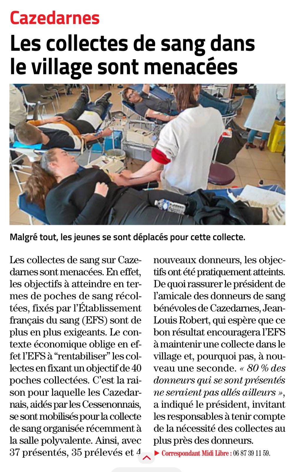 Article midi libre 23 avril 2023 don de sang menace a cazedarnes