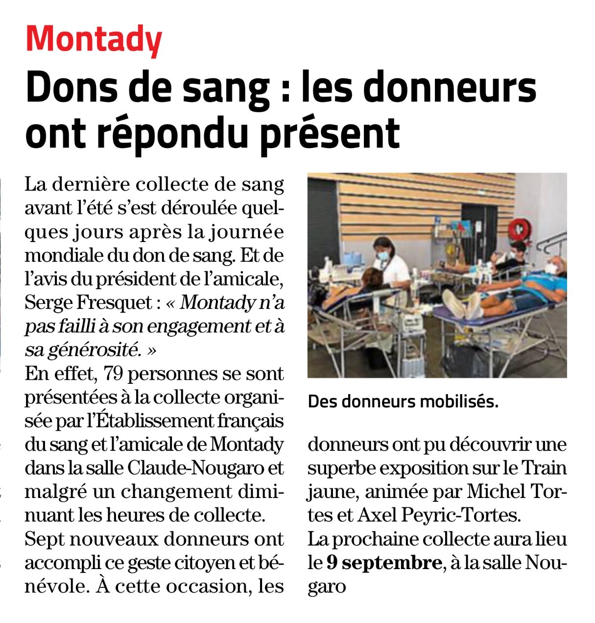 Article midi libre 30 06 2024 bilan collecte de sang montady 17 juin 2024