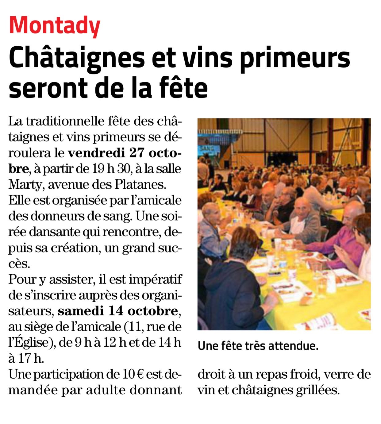 Article midi libre annonce soiree chataignes et vins primeurs montady 27 octobre 2023