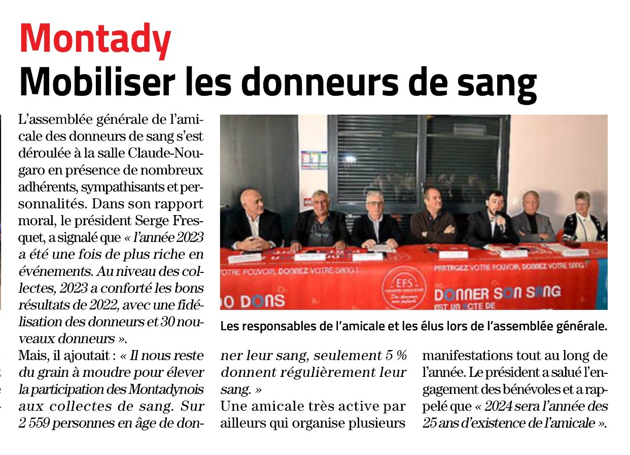 Article midi libre ag 2024 donneurs de sang montady 26-01-2024