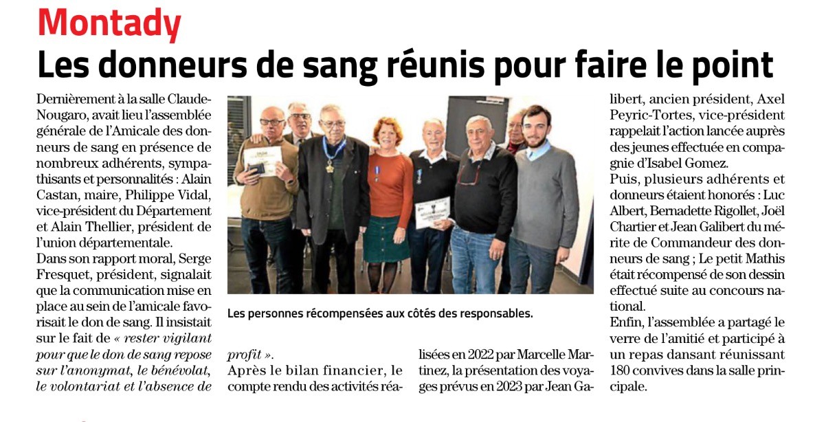 Article midi libre assemblee generale donneurs de sang montady 29 janvier 2023