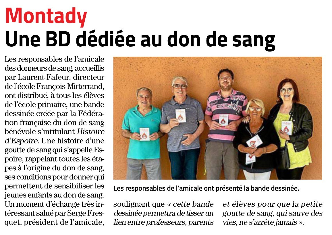 Article midi libre bande dessinee don de sang ecole de montady 04 06 2024