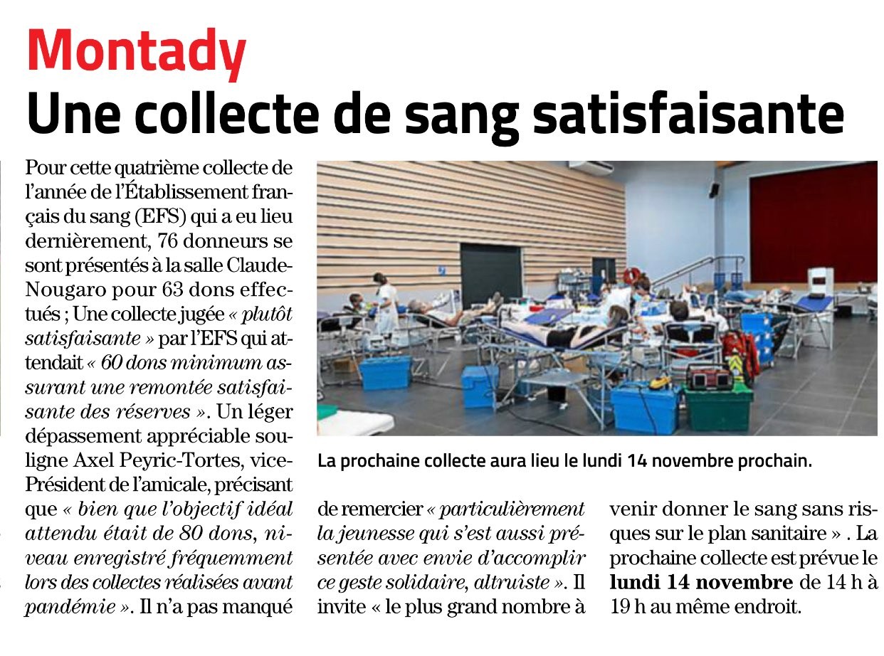 Article midi libre bilan collecte de sang montady 12 septembre 2022