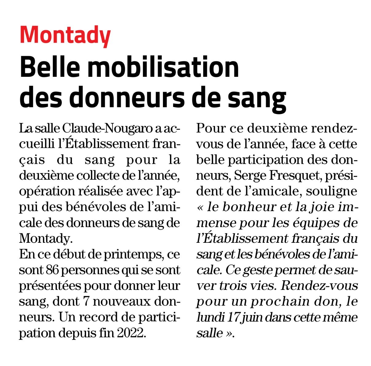 Article midi libre bilan collecte de sang montady 18 mars 2024