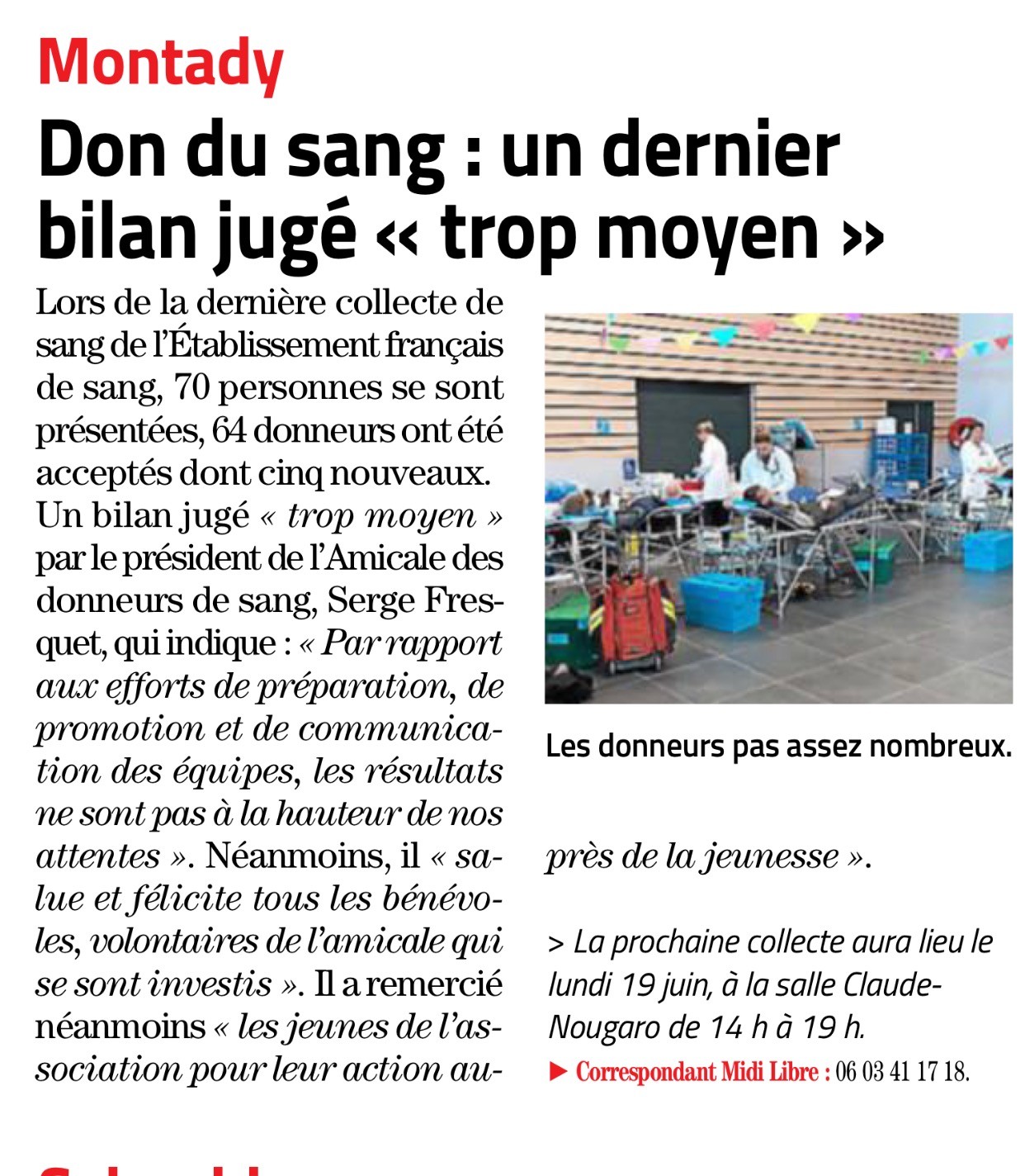 Article midi libre bilan collecte de sang montady 27 mars 2023