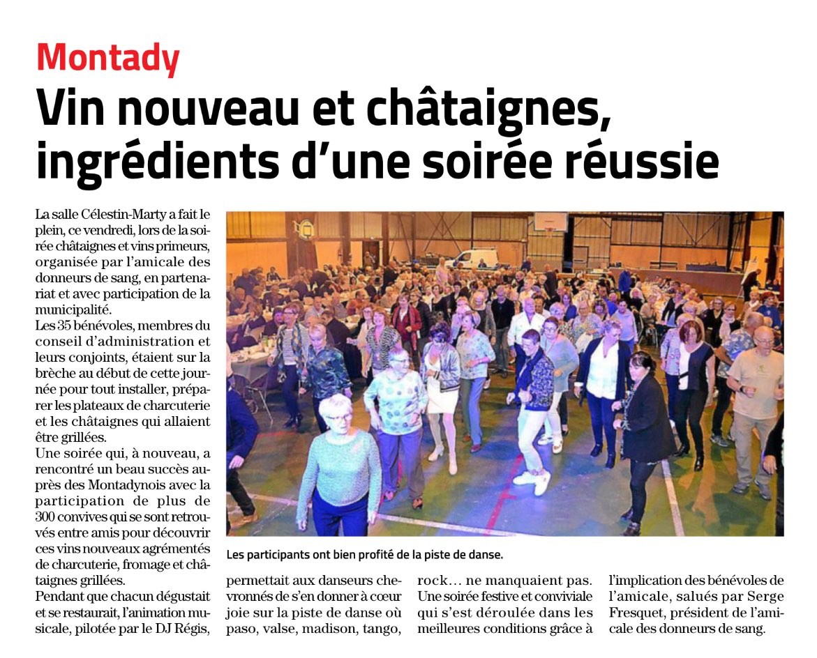 Article midi libre bilan soiree chataignes donneurs de sang montady 30 octobre 2023