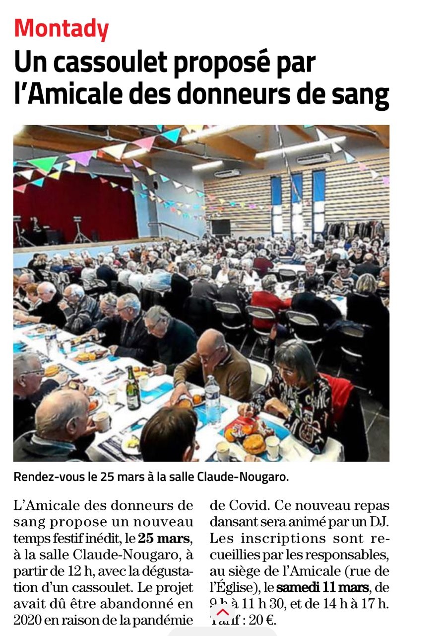 Article midi libre cassoulet donneurs de sang montady 9 mars 2023