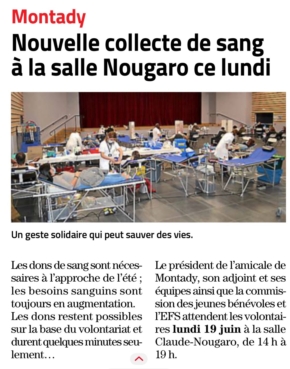 Article midi libre collecte de sang montady 19 juin 2023