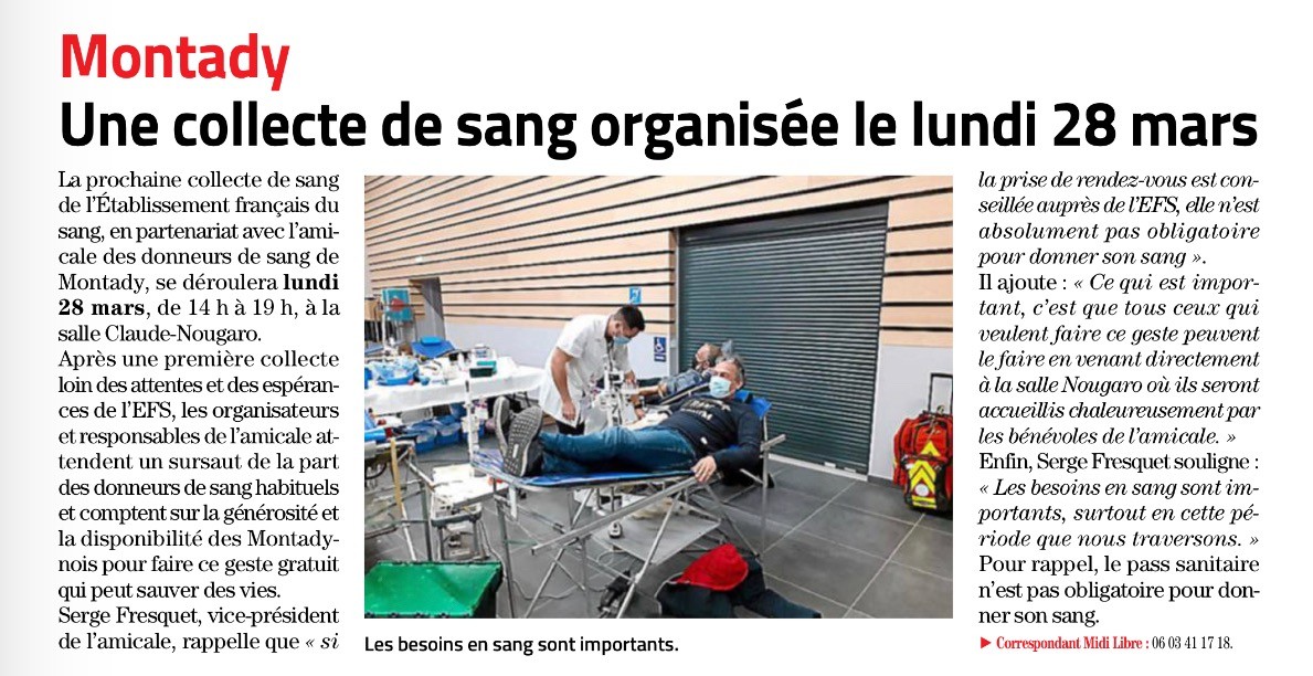 Article midi libre collecte de sang montady 28 mars 2022