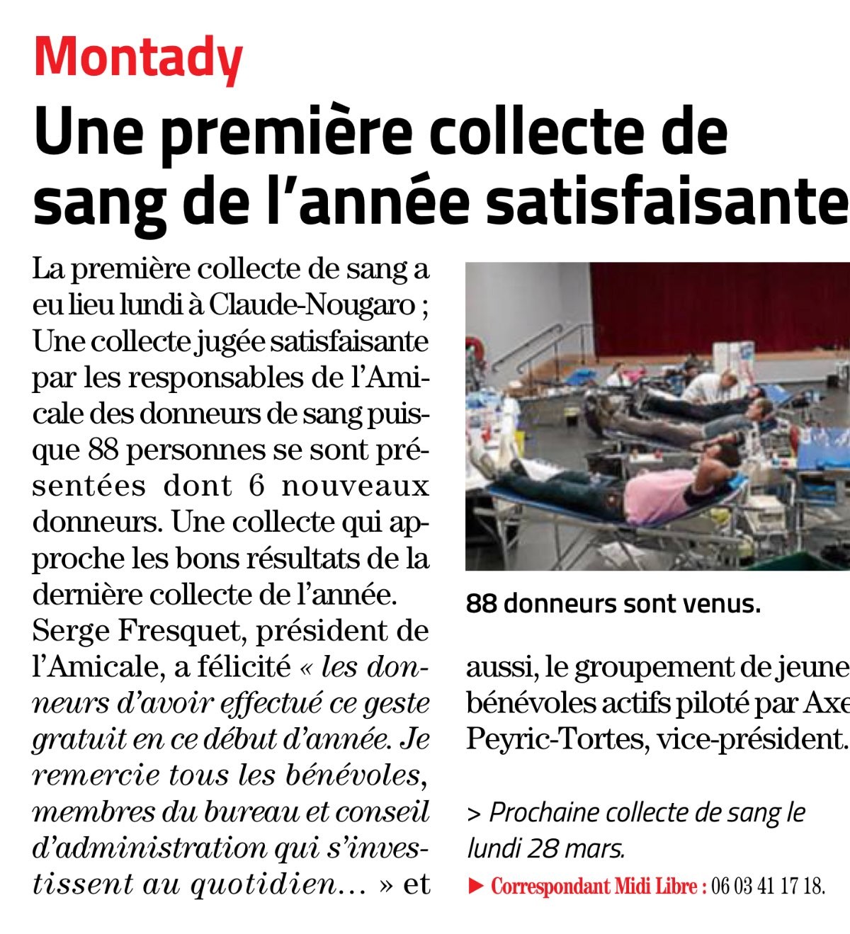 Article midi libre collecte de sang montady lundi 16 janvier 2023