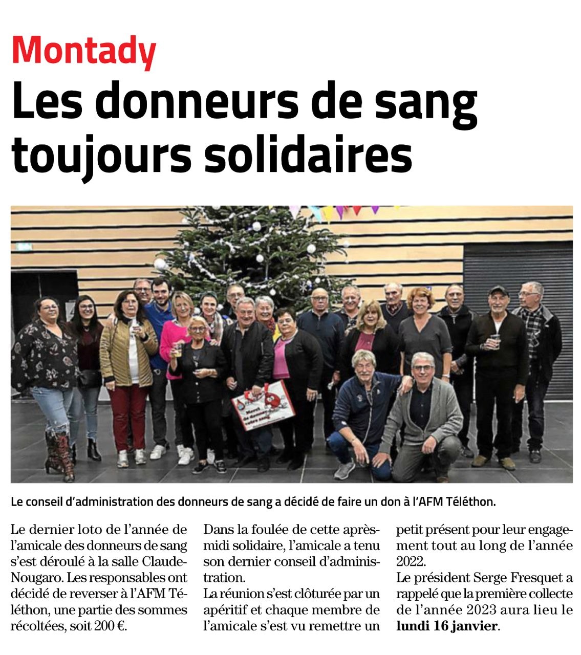 Article midi libre donneurs de sang montady loto en faveur du telethon 26 decembre 2022