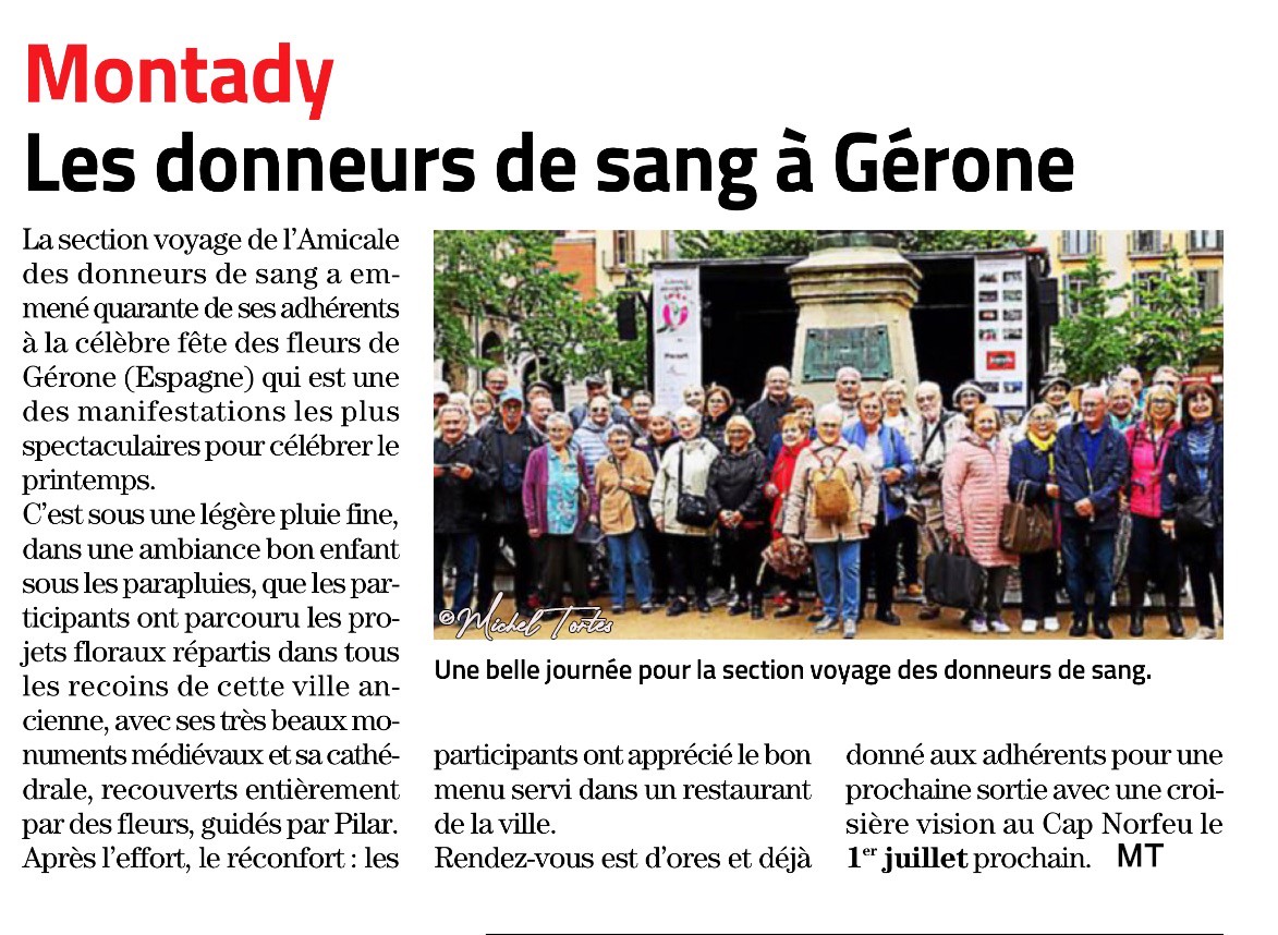 Article midi libre donneurs de sang montady voyage a gerone 13 mai 2023