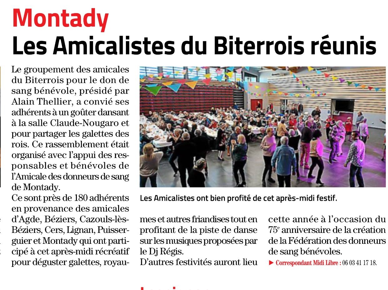 Article midi libre galette des rois montady amicales du don de sang biterrois 09 02 2024