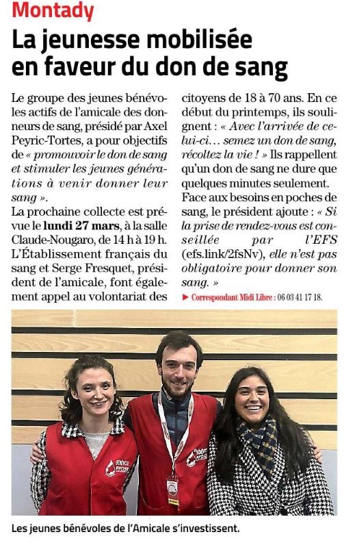 Article midi libre jeunes benevoles collecte de sang montady 27 mars 2023