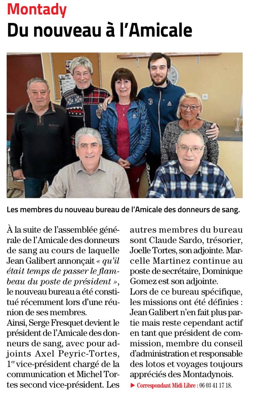 Article midi libre nouveau bureau donneurs de sang montady 11 avril 2022