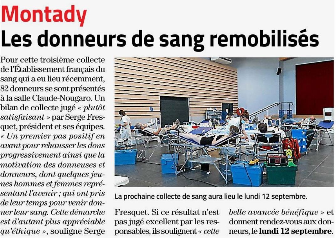 Article midi libre resultats collecte de sang montady 13 juin 2022