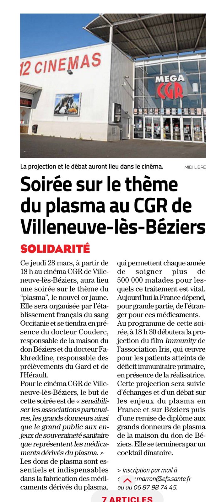 Article midi libre soiree don de plasma villeneuve les beziers 28 03 2024