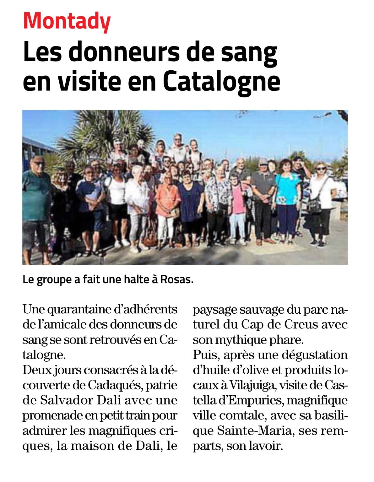 Article midi libre sortie rosas donneurs de sang montady 01 10 2023