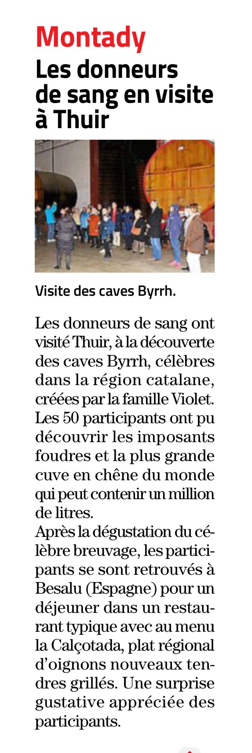 Article midi libre voyage donneurs de sang montady a thuir 09 03 2024