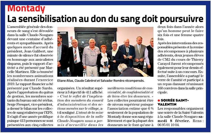 Article Midi Libre assemblée générale ADSBM 26 janvier 2020