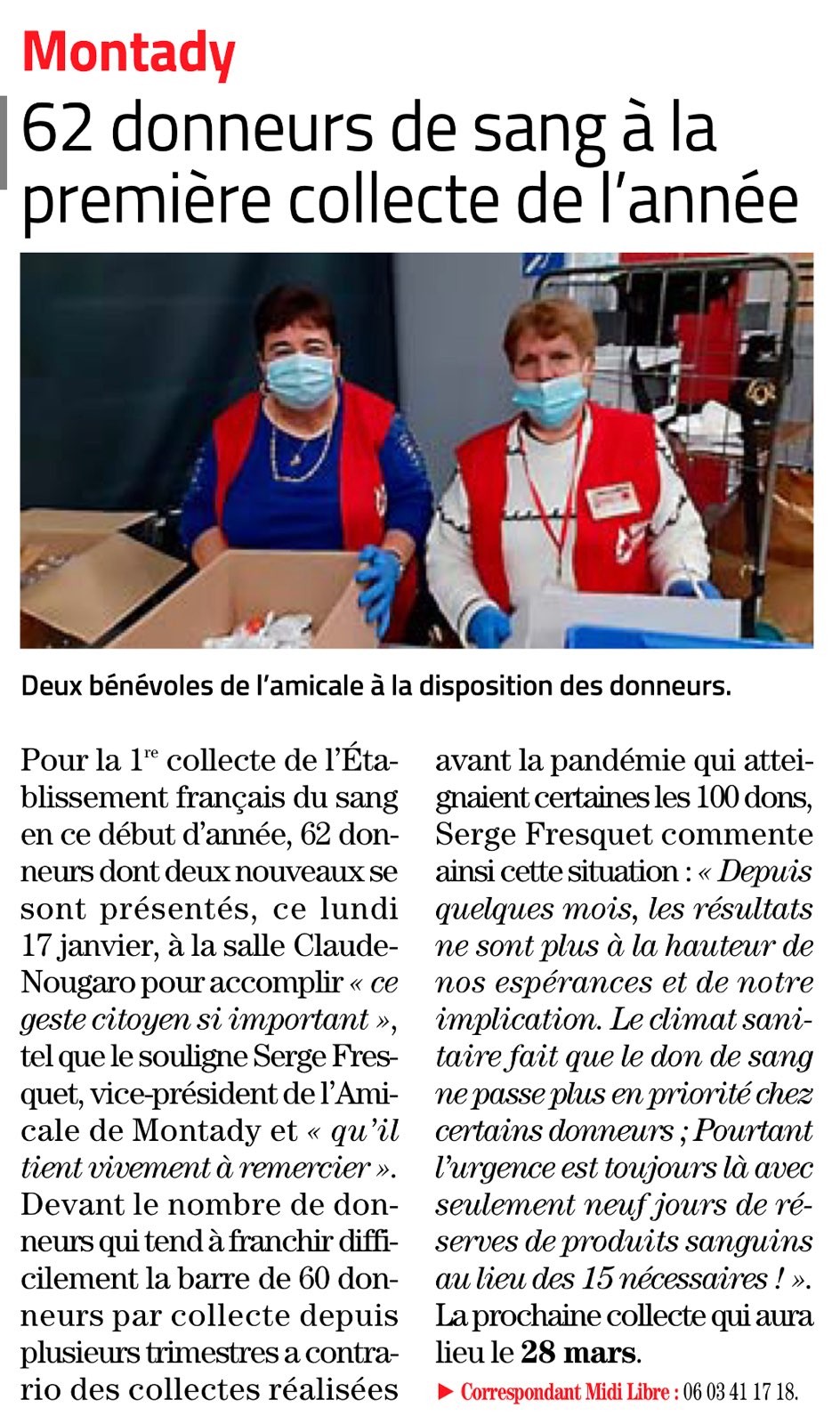 Article Midi Libre collecte de sang Montady 17 janvier 2022