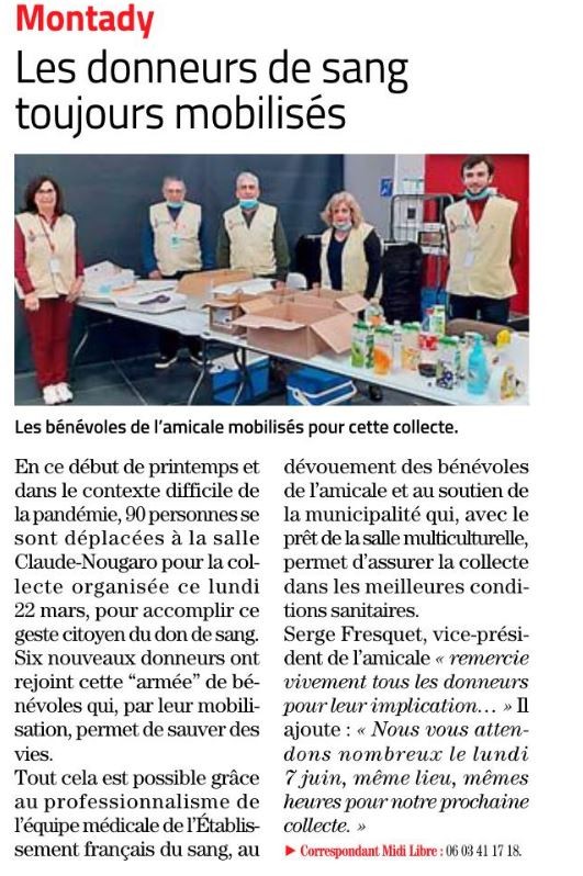 Article Midi Libre collecte de sang Montady 25 mars 2021