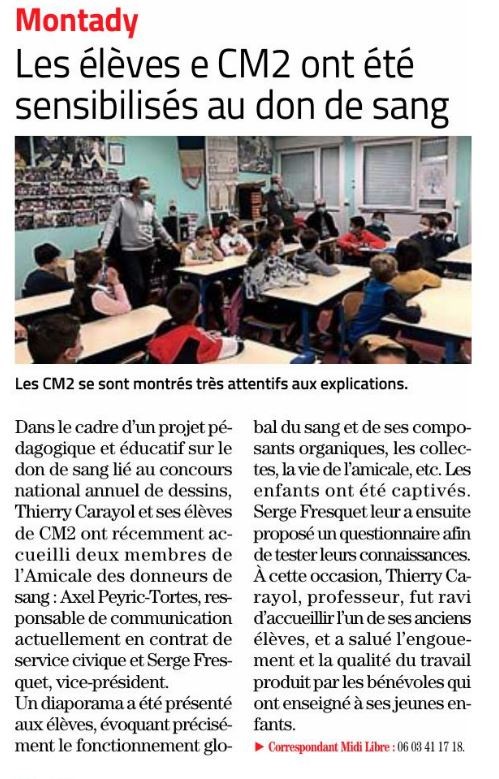 Article Midi Libre intervention sang école de Montady 2 avril 2021