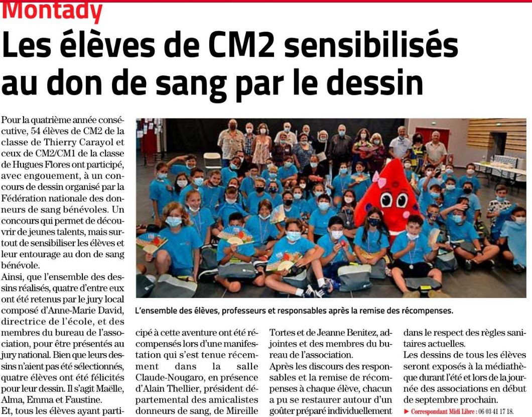 Article Midi Libre récompenses concours de dessins sang école de Montady 20 juin 2021