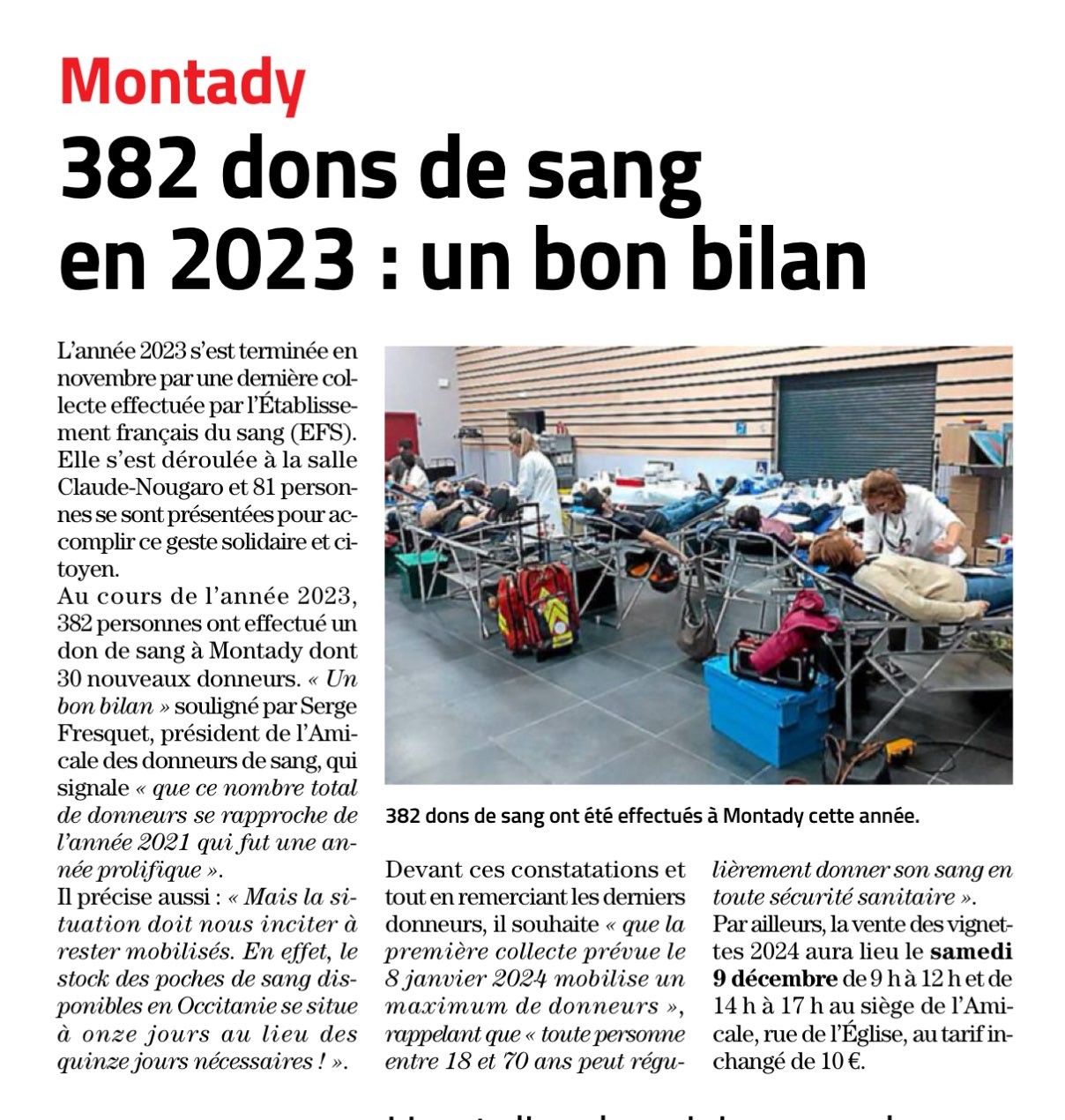 Bilan annuel dons de sang montady midi libre 27 novembre 2023