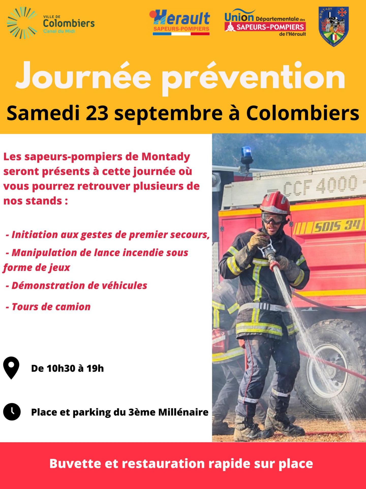 Affiche journee prevention colombiers pompiers de montady 23 09 2023