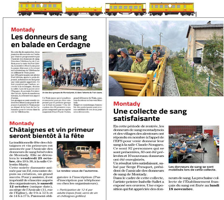 Articles midi libre adsbm septembre octobre 2024 sortie train jaune soiree chataignes et collecte de sang