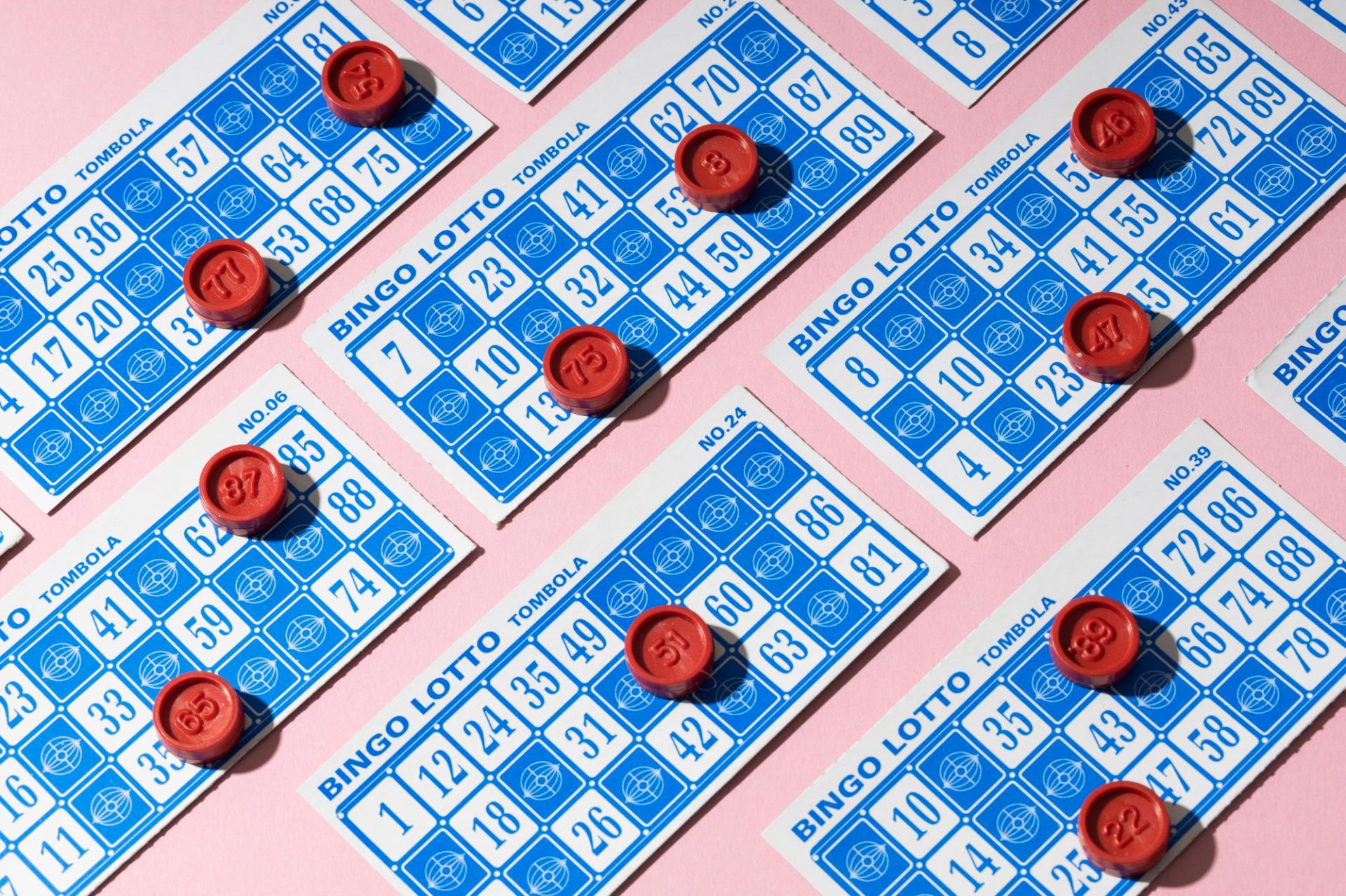 Carton de jeu bleu et blanc et pions loto