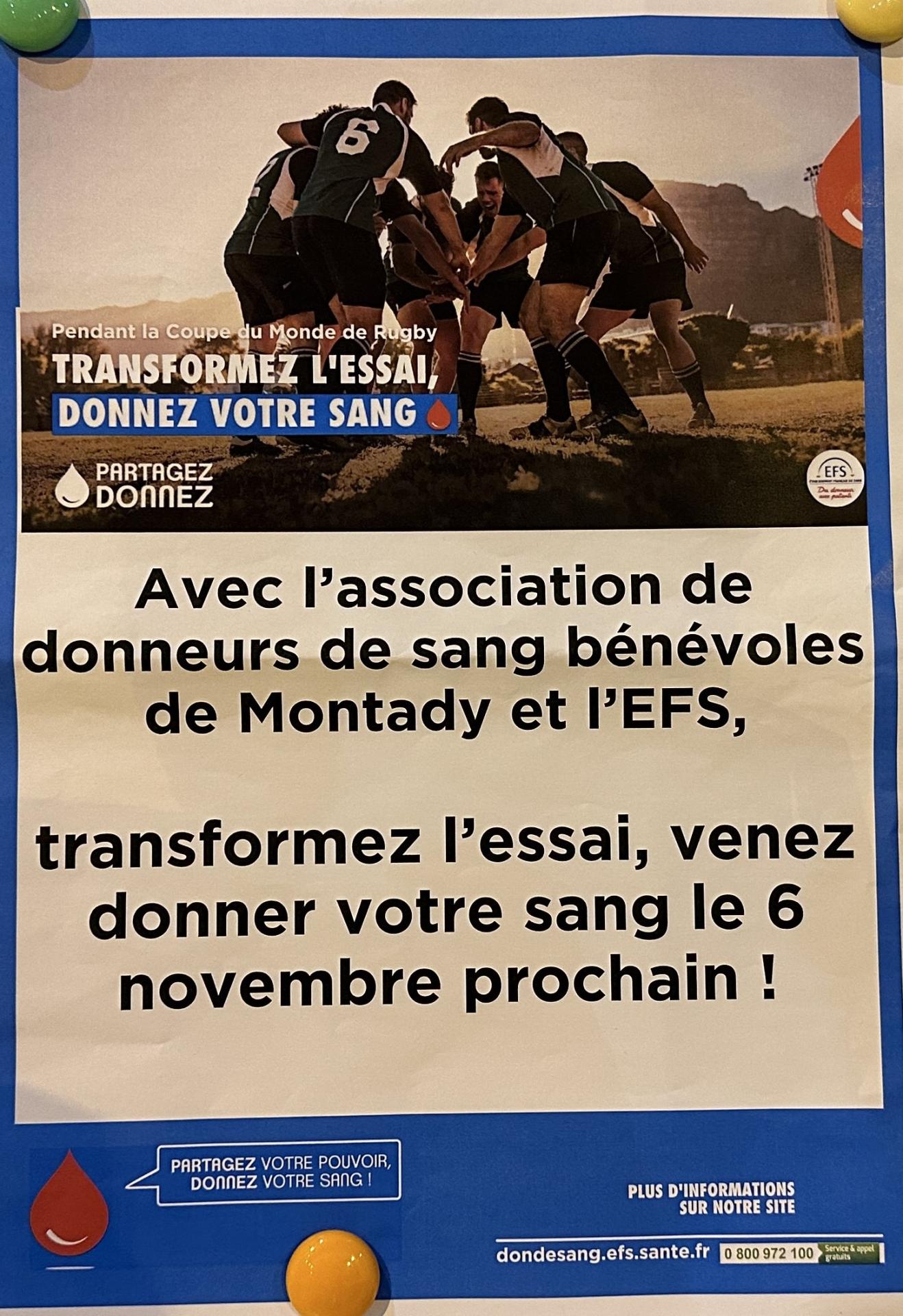 Don du sang montady 6 novembre 2023 avec joueurs de rugby