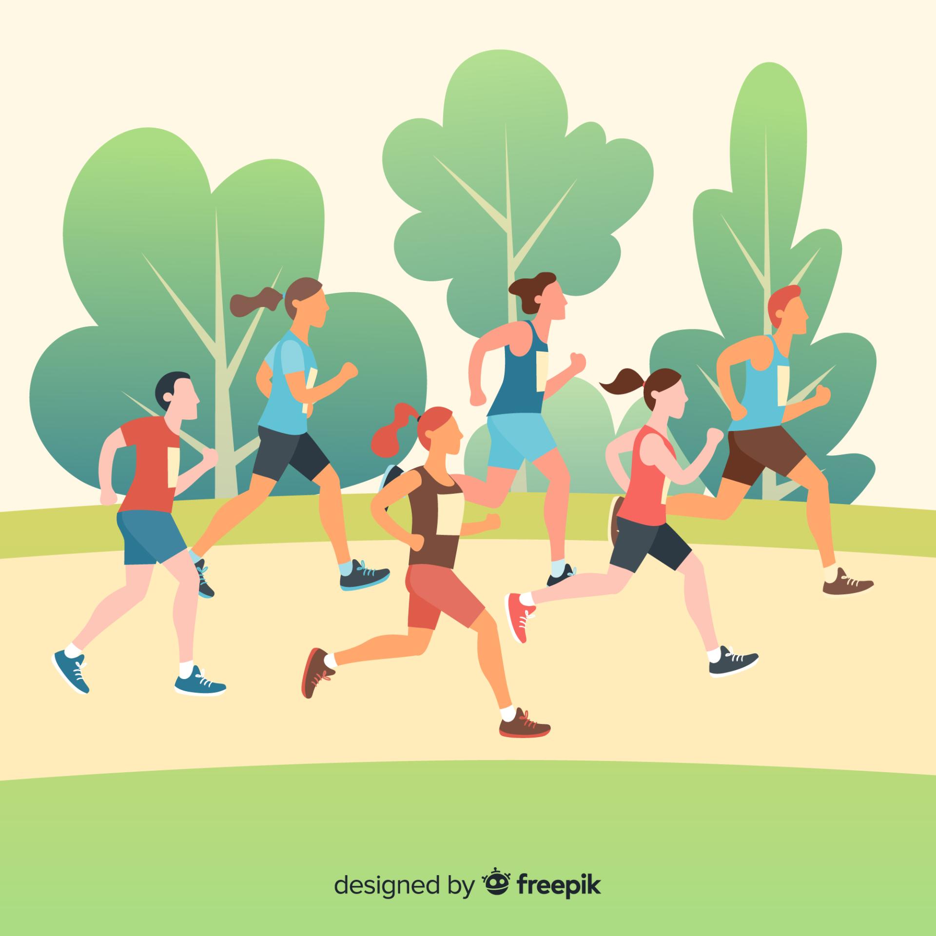 Illustration groupe de coureurs en foret vus de profil