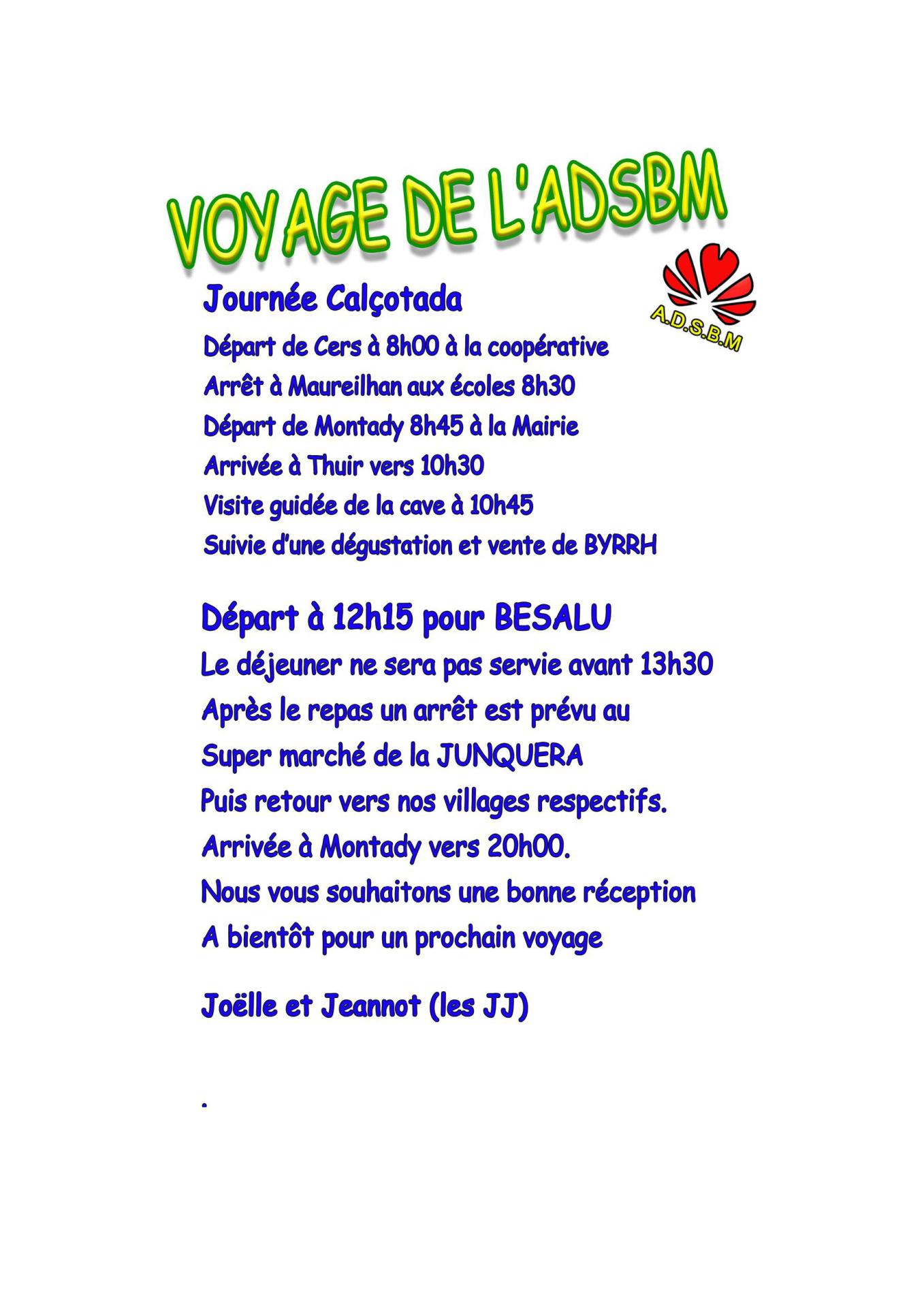 Infos voyage calcotada adsbm 09 03 2024