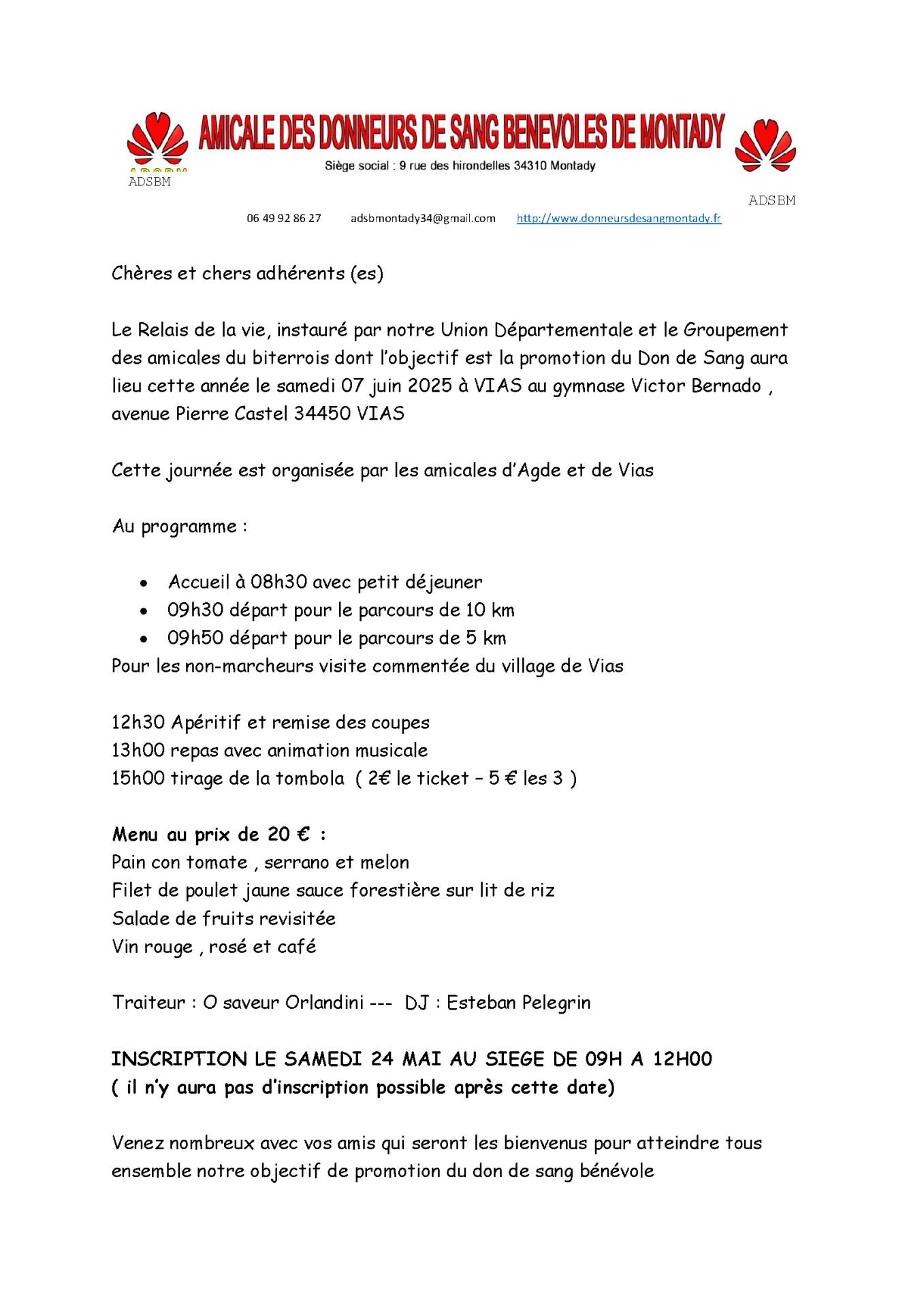 Programme relais de la vie don du sang vias 07 06 2025